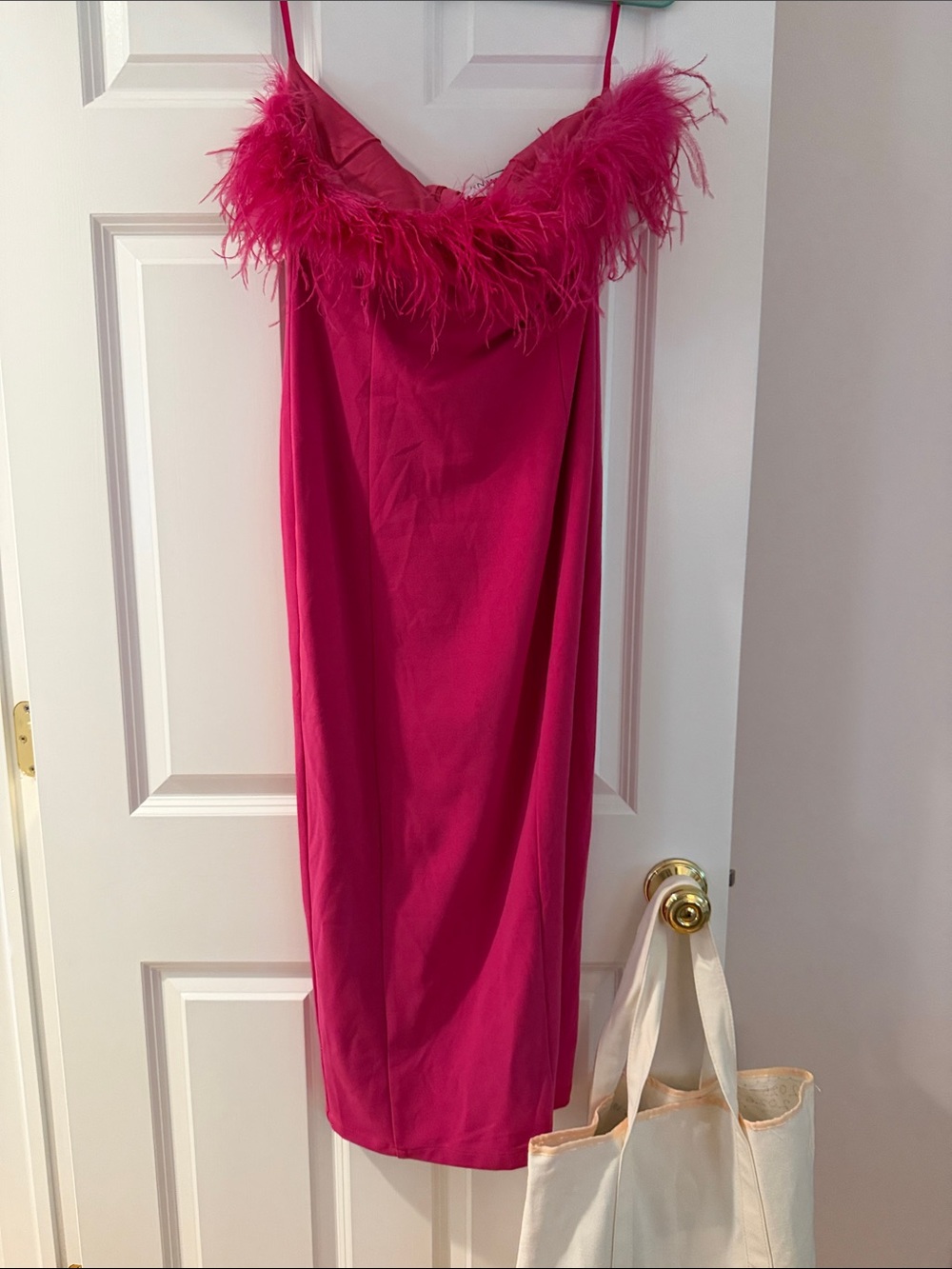 Feather-Trim Pink Midi Slip Dress